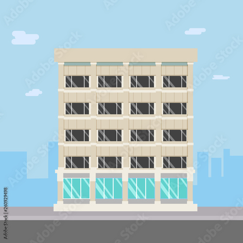 Flat design building with cityscape.Compadny on main street in town