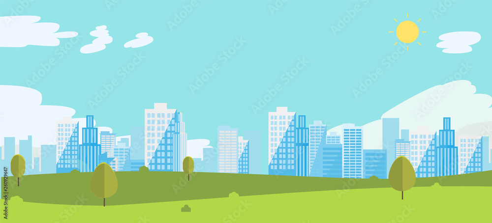 Public park with sky and city background.Beautiful nature scene with town and hill. Vector illustration.Smmer with cityscape.