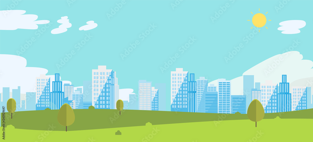 Public park with sky and city background.Beautiful nature scene with town and hill. Vector illustration.Smmer with cityscape. Public park with sky and city background.Beautiful nature scene with town and hill. Vector illustration.Smmer with cityscape.
