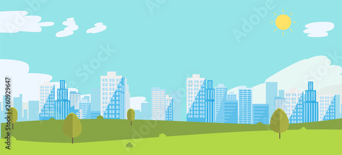 Public park with sky and city background.Beautiful nature scene with town and hill. Vector illustration.Smmer with cityscape.