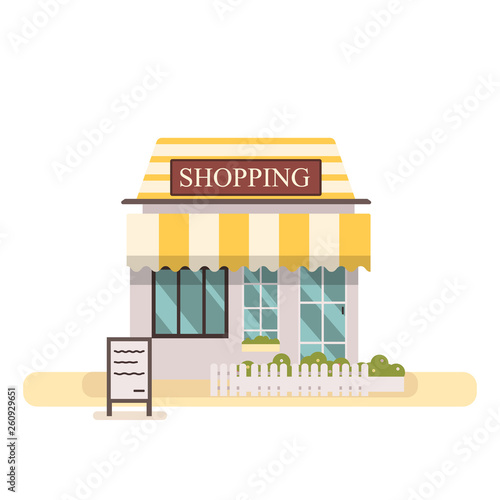 Shop or market store.Cute flat design store buiding vector illustration.Facade shopping store building with white fench and grass
