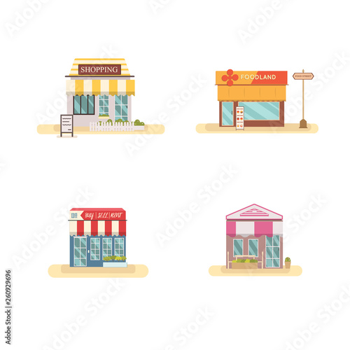 Business store front set flat design vector illustration.Market building set .Design modern store set on street