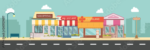 Fototapeta Naklejka Na Ścianę i Meble -  City street and store buildings vector illustration, a flat style design.Business storefront in urban.Public store on main street.Urban scene in midday