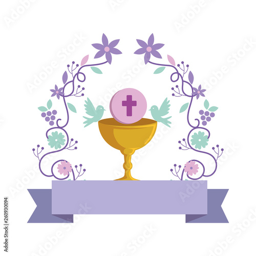first communion in chalice with floral crown