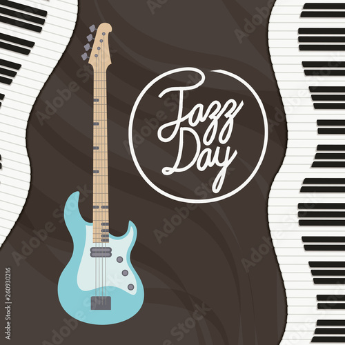 jazz day poster with piano keyboard and electric guitar