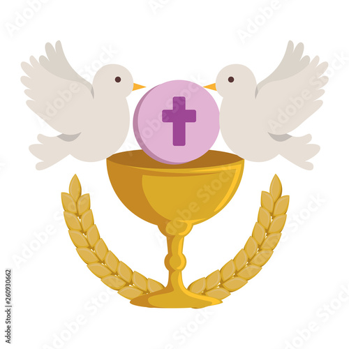 first communion in chalice with doves