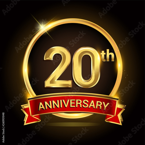 20th golden anniversary logo with ring and red ribbon isolated on black background, vector design for birthday celebration, marriage, corporate, and your business.