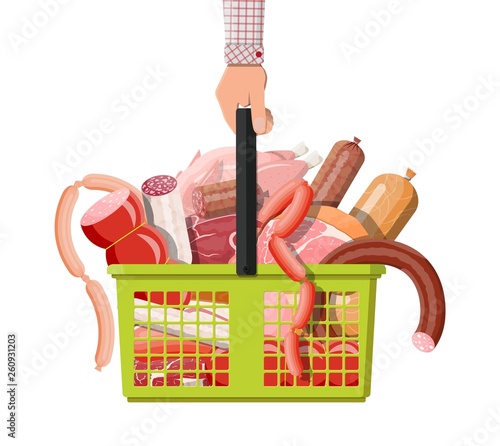Shopping supermarket basket full of meat. Chop, sausages, bacon, ham. Marbled meat beef. Butcher shop, steakhouse, farm organic products. Grocery food. Pork fresh steak. Vector illustration flat style