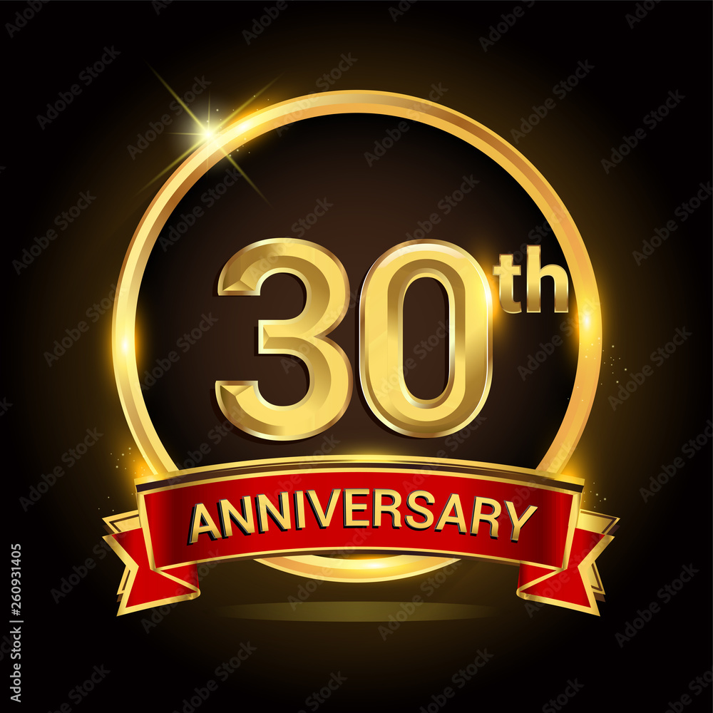 30th golden anniversary logo with ring and red ribbon isolated on black background, vector design for birthday celebration, marriage, corporate, and your business. 30th golden anniversary logo with ring and red ribbon isolated on black background, vector design for birthday celebration, marriage, corporate, and your business.