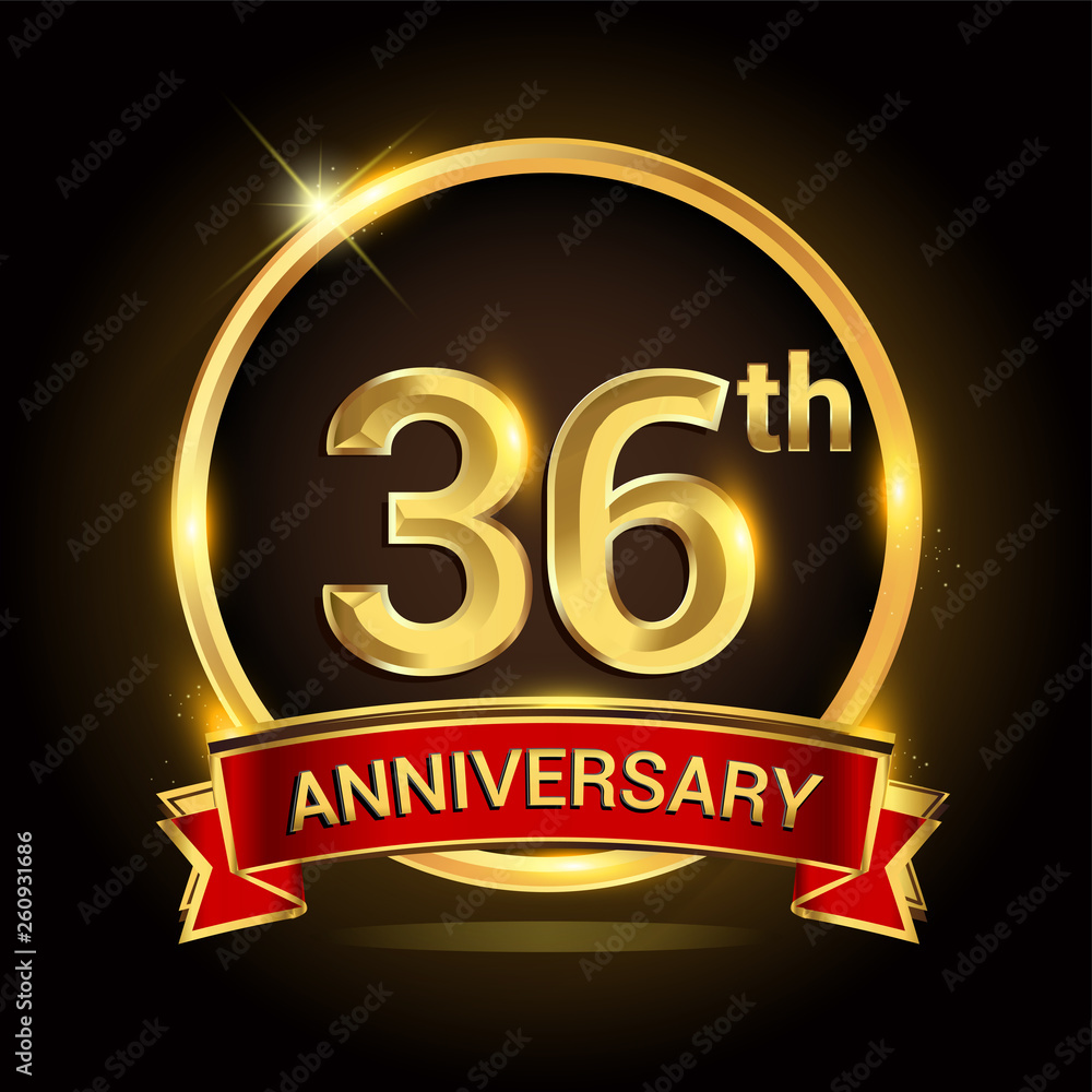 36th golden anniversary logo with ring and red ribbon isolated on black background, vector design for birthday celebration, marriage, corporate, and your business. 36th golden anniversary logo with ring and red ribbon isolated on black background, vector design for birthday celebration, marriage, corporate, and your business.