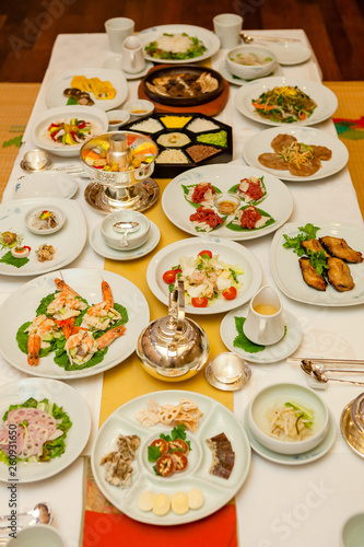 a table of Korean food