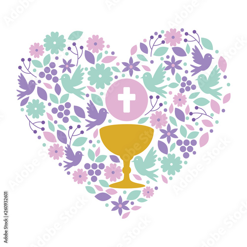 first communion in chalice with floral heart decoration