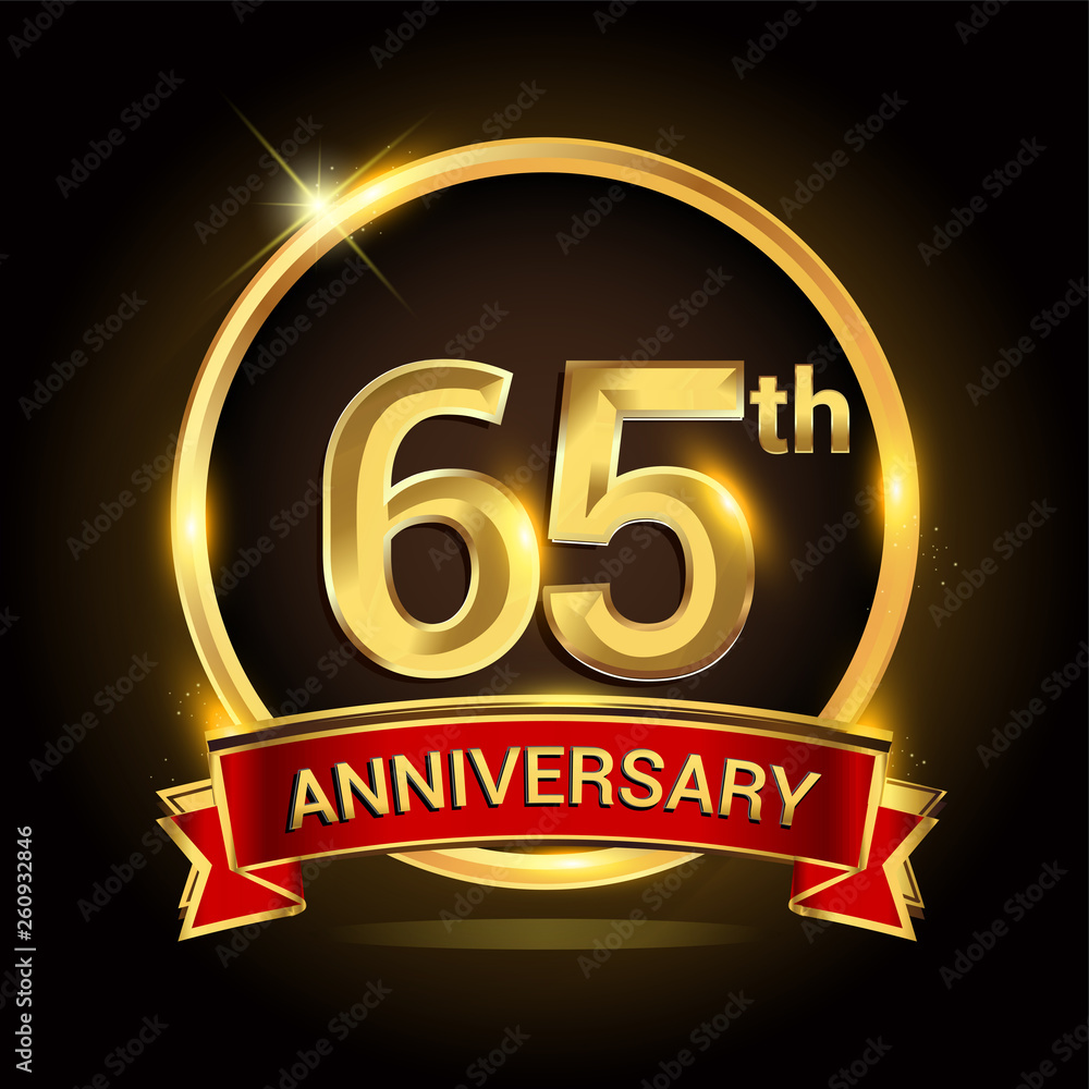 65th golden anniversary logo with ring and red ribbon isolated on black background, vector design for birthday celebration, marriage, corporate, and your business. 65th golden anniversary logo with ring and red ribbon isolated on black background, vector design for birthday celebration, marriage, corporate, and your business.