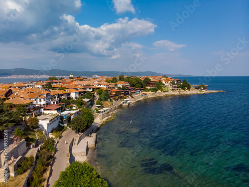Aerial drone view of Nessebar, ancient city on the Black Sea coast of Bulgaria