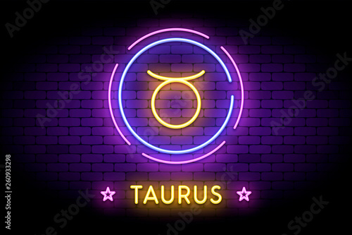 The Taurus zodiac symbol, horoscope sign in trendy neon style on a wall. The Taurus astrology sign with light effects for web or print.