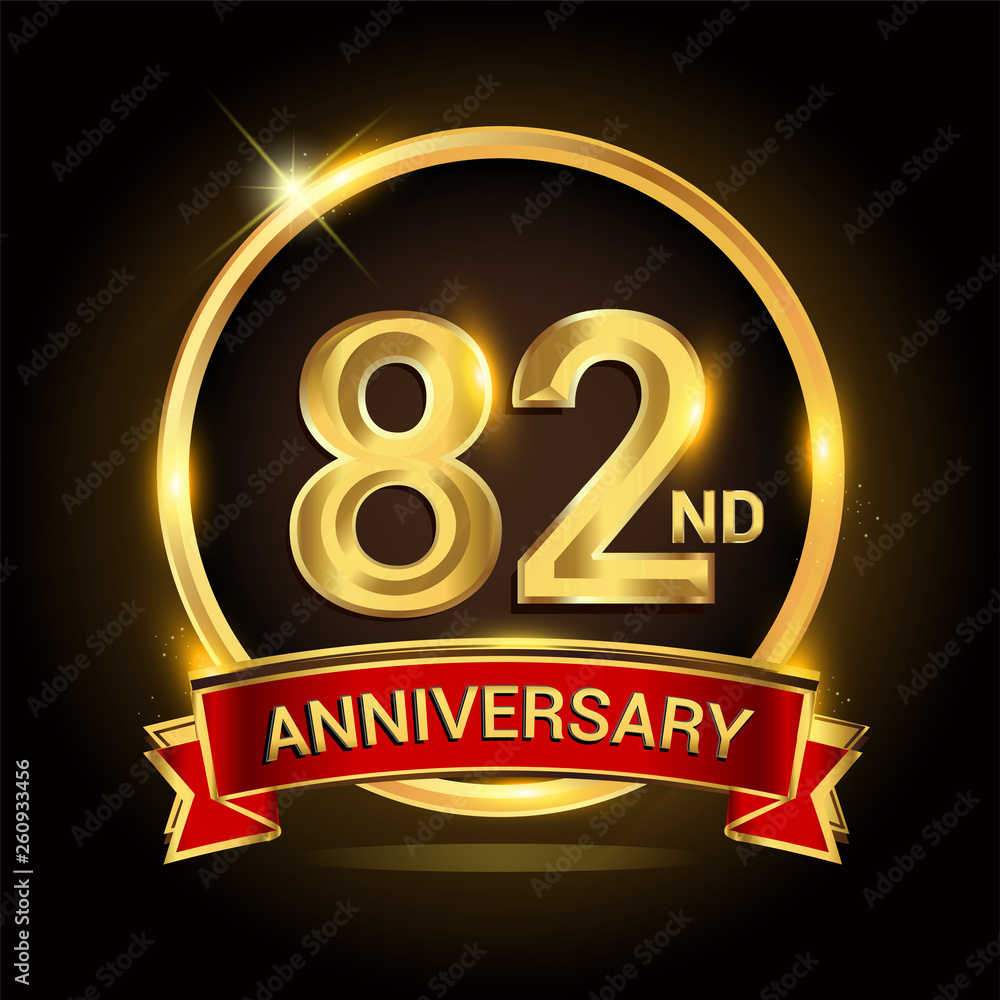 82nd golden anniversary logo with ring and red ribbon isolated on black background, vector design for birthday celebration, marriage, corporate, and your business. 82nd golden anniversary logo with ring and red ribbon isolated on black background, vector design for birthday celebration, marriage, corporate, and your business.