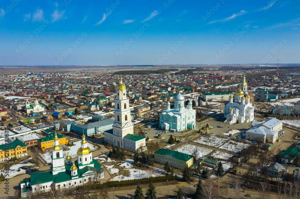 Holy Trinity Seraphim Diveevo monastery in Diveevo, Russia. Aerial drone view