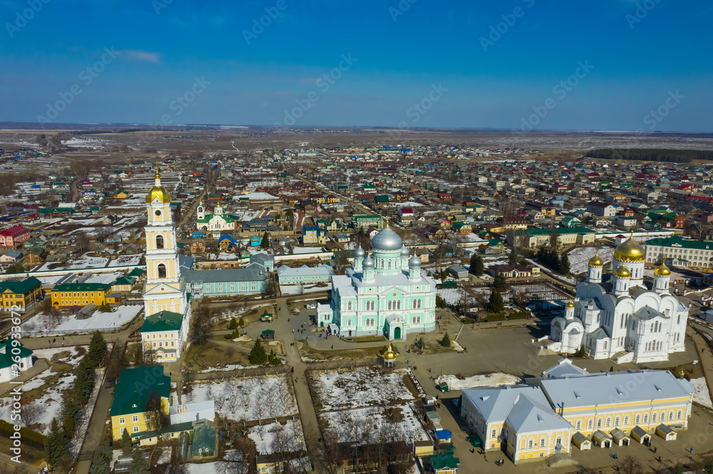 Aerial top view of Holy Trinity Seraphim Diveevo monastery in Diveevo, Russia