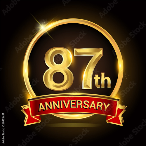 87th golden anniversary logo with ring and red ribbon isolated on black background, vector design for birthday celebration, marriage, corporate, and your business.