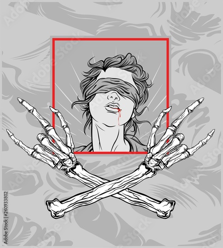 gril with hand skull metal.hand drawing,Shirt designs, biker, disk jockey, gentleman, barber and many others.isolated and easy to edit. Vector Illustration - Vector