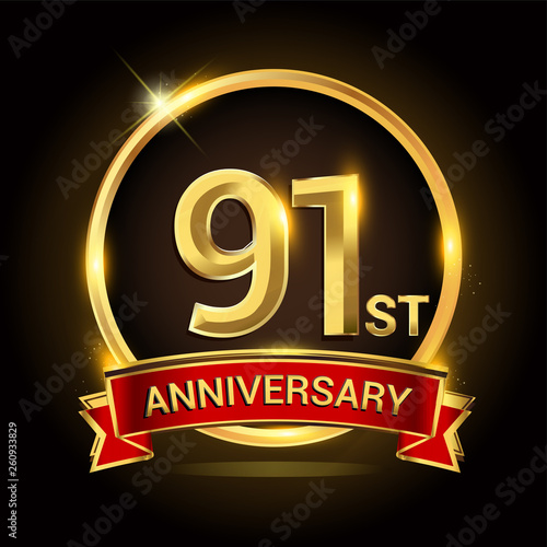 91st golden anniversary logo with ring and red ribbon isolated on black background, vector design for birthday celebration, marriage, corporate, and your business.