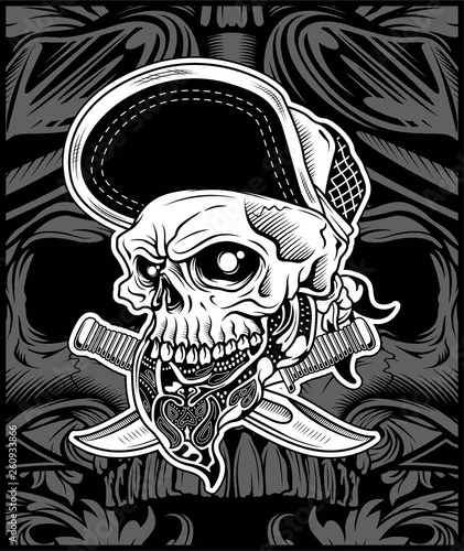 The skull head wearing bandana and hat, for t-shirt design artwork art print or underground music scene graphic needed - Vector