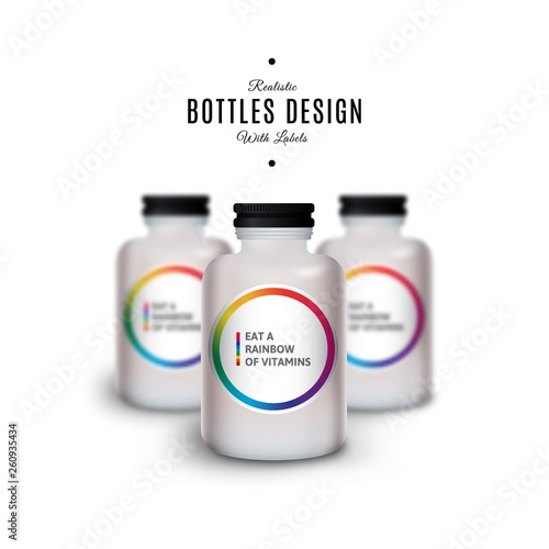 Vector Mockup of White Realistic Plastic Bottles with Vitamins. Product Packaging Design. Plastic Container Mock Up