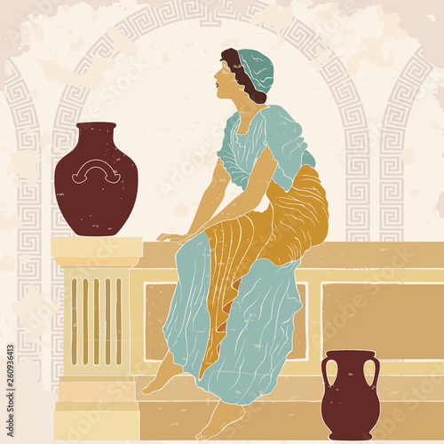 An ancient Greek woman in a tunic is sitting on the parapet between two jugs. Vector color image on a beige background.