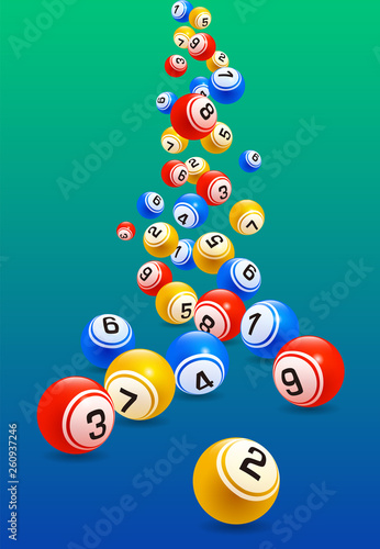 Vector colorful bingo balls falling randomly isolated on blue green background