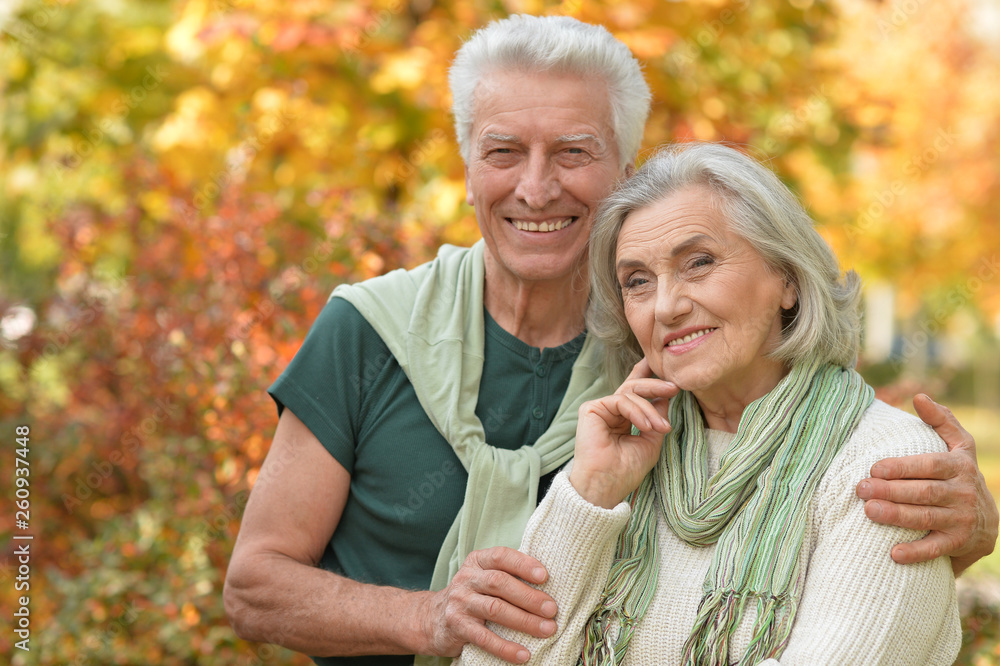 Happy senior couple in autumn park hugging 