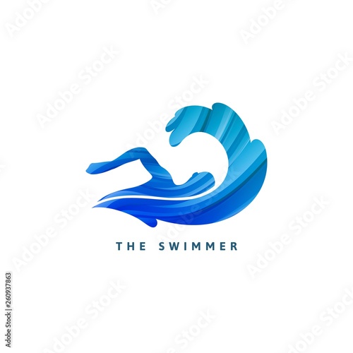 Vector Silhouette of Swimmer and Big Wave. Minimalist Design Concept for Swimming Pools Logo