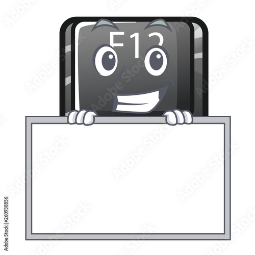 Grinning with board button f12 on a keyboard mascot