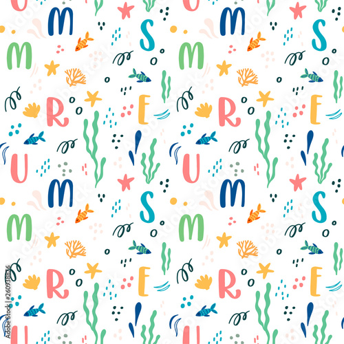 Marine cute seamless pattern with letters, starfish, fish and other underwter elements 