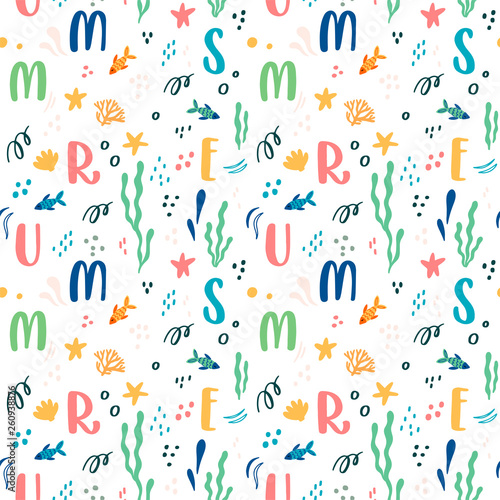 Marine cute seamless pattern with letters, starfish, fish and other underwter elements   
