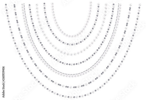 Set of hanging string of white and black pearls isolated on white background. Vector elements for decoration.