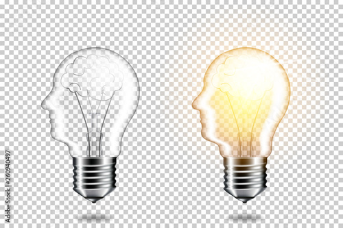 Set of realistic transparent light bulb with head and brain, isolated.