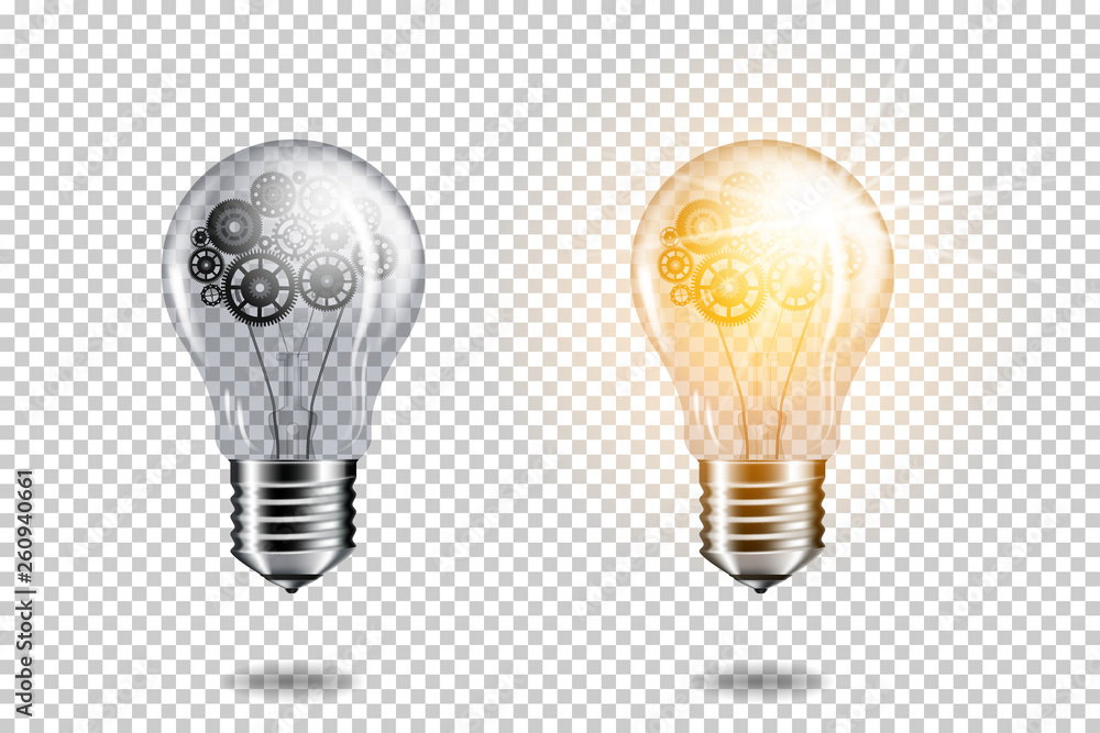 Set of realistic transparent light bulb with cogwheels brain, isolated.