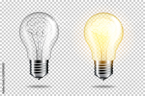 Set of realistic transparent light bulb with brain, isolated.
