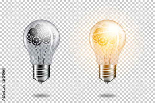 Set of realistic transparent light bulb with cogwheels brain, isolated.