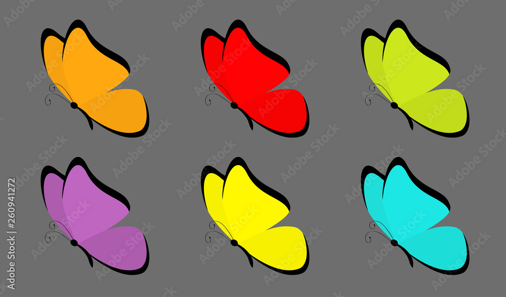 Butterfly icon set. Cute cartoon kawaii funny character. Colorful blue red  yellow green orange violet wings. Flying insect silhouette. Flat design.  Baby clip art. Black background. Isolated Stock Vector | Adobe Stock
