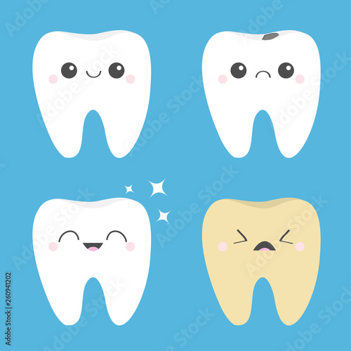 Tooth icon set. Healthy smiling Crying bad ill teeth. White Yellow Shining star. Before after Infographic. Cute cartoon kawaii character. Oral dental hygiene. Baby background. Flat design.