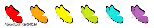 Butterfly icon set. Rainbow color red orange yellow green blue violet wings. Cute cartoon kawaii funny character. Flying insect silhouette. Flat design. Baby clip art. White background Isolated