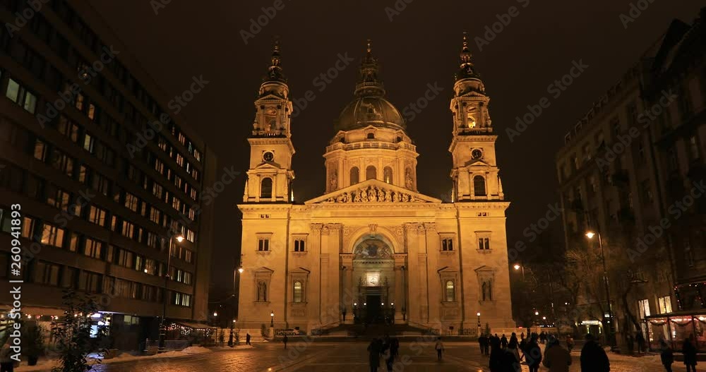 BUDAPEST, HUNGARY - JANUARY 15, 2019 : St. Stefan basilica exterior view at night BUDAPEST, HUNGARY - JANUARY 15, 2019 : St. Stefan basilica exterior view at night