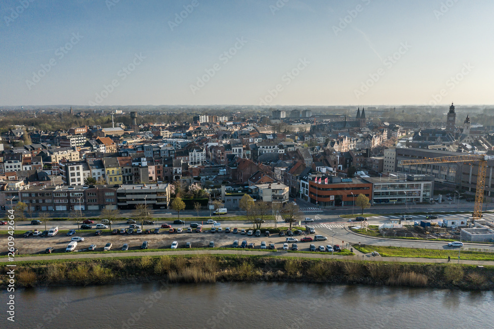 Panoramic view of Dendermonde, Belgium, over the Scheldt river and the Noordlaan street