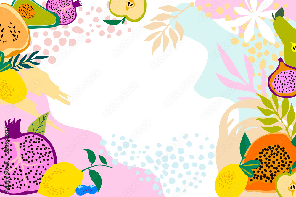 Abstract poster with tropical fruits,shapes and leaves. Editable vector illustration