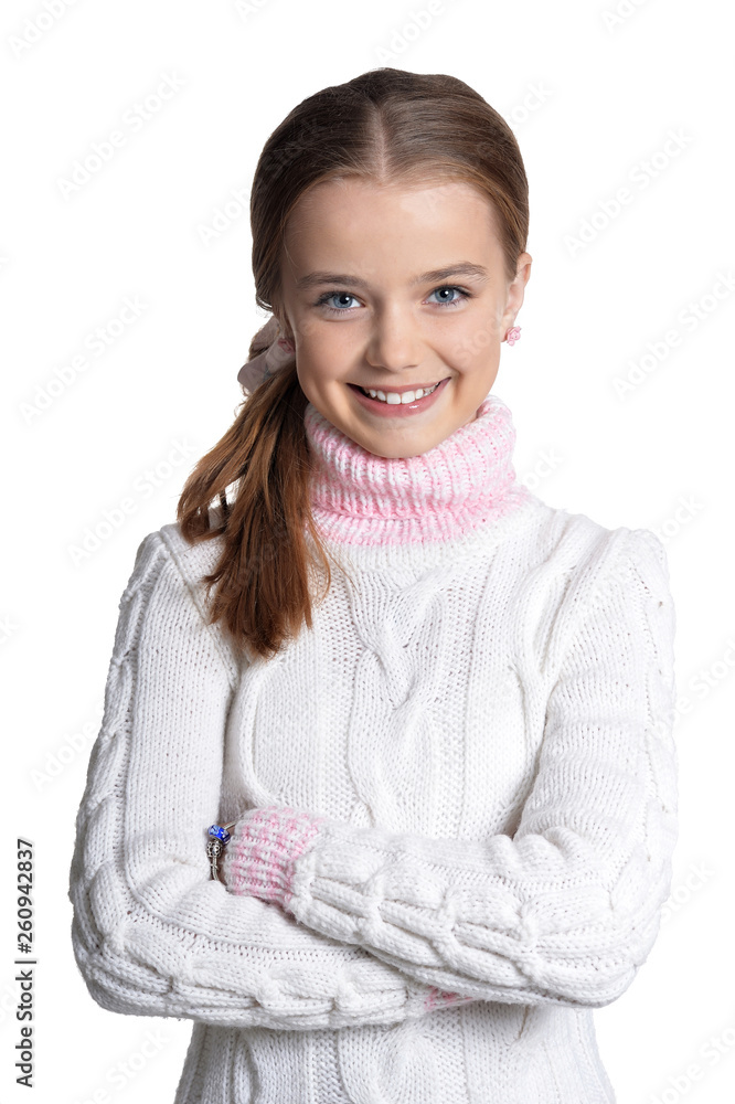 Portrait of cute girl in casual clothing posing on white background Portrait of cute girl in casual clothing posing on white background