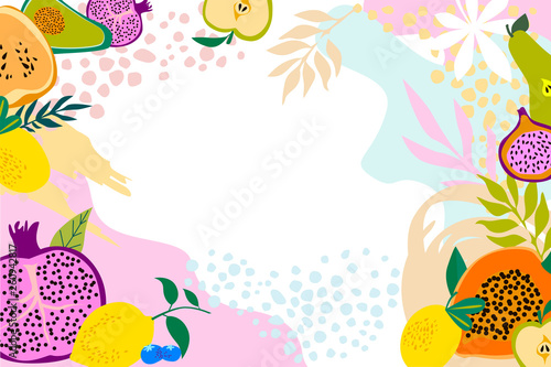 Abstract poster with tropical fruits shapes and leaves. Editable vector illustration