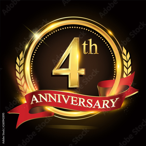 4th golden anniversary logo, with shiny ring and red ribbon, laurel wreath isolated on black background, vector design for birthday celebration.