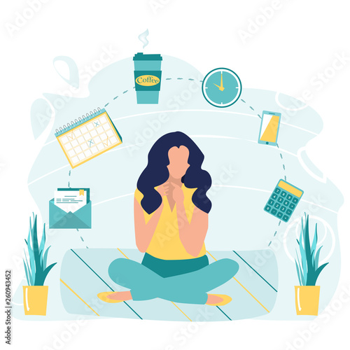 Girl or business woman doing yoga, get calm in office. Relax, meditation, good time management concept. Business yoga concept. Office process icons on background. Zen pose. Vector flat illustration.