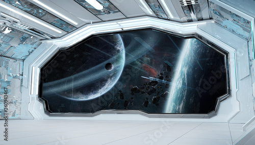Fototapeta Naklejka Na Ścianę i Meble -  White blue spaceship futuristic interior with window view on space and planets 3d rendering